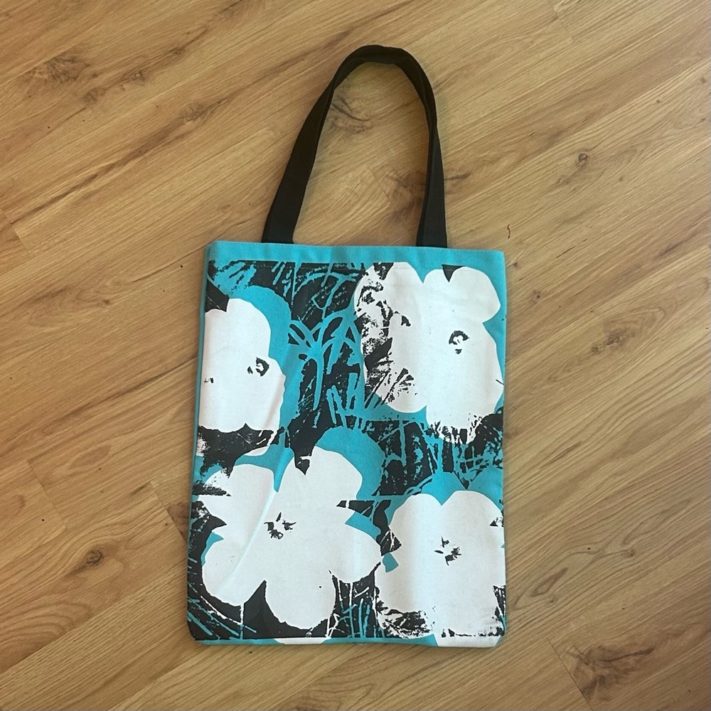 Blue & White Floral Tote Bag with Black Handles & Andy Warhol Quote on back